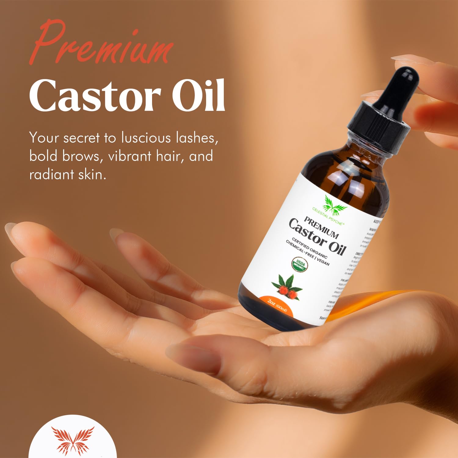 Celestial Psyché USDA Certified Organic Castor Oil (2 Oz with Essential Bundle - Eyebrow Kit) 100% Pure Natural, Chemical-Free, Hexane-Free, Promote Lash, Brow, and Hair Growth, Skin Hydration